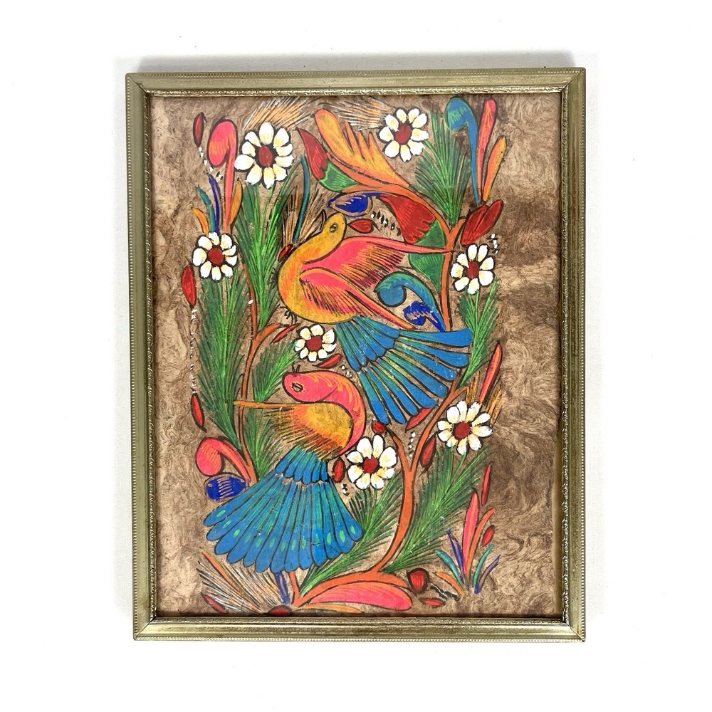 Vintage Mexican Amate Bark Paper Painting Birds Flowers Folk Art Framed 8x10